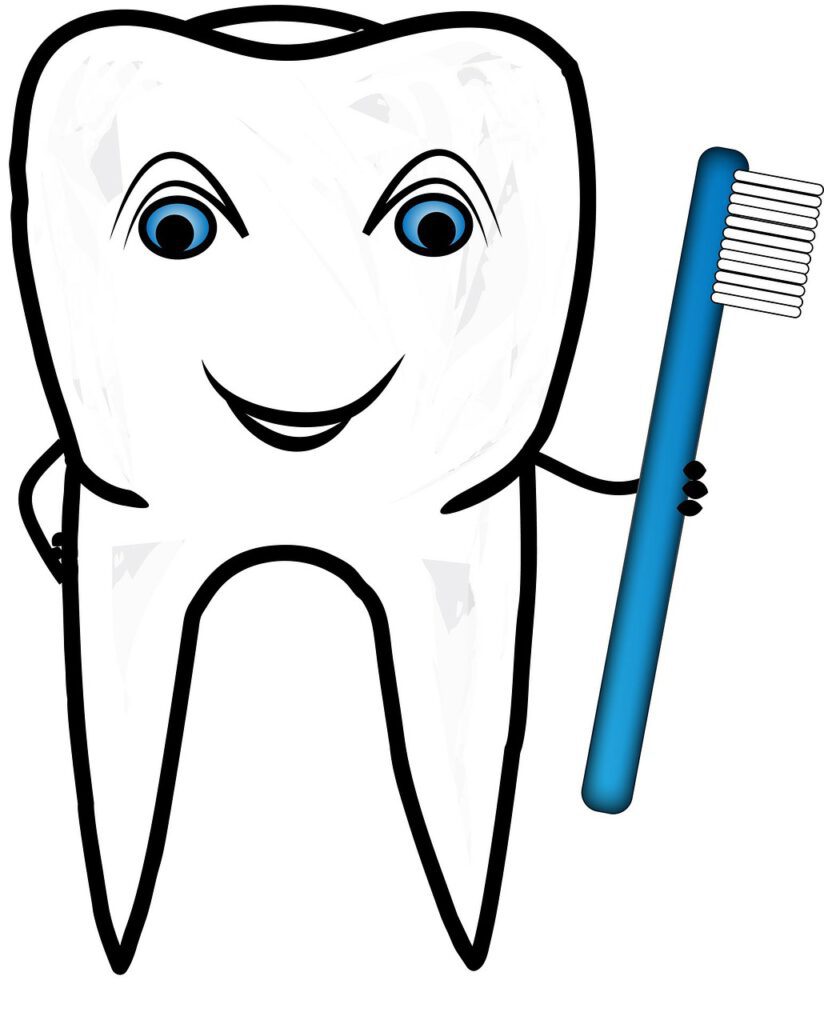 Ein Zahnsymbol mit Gesicht hält in seiner linken Hand eine Zahnbürste