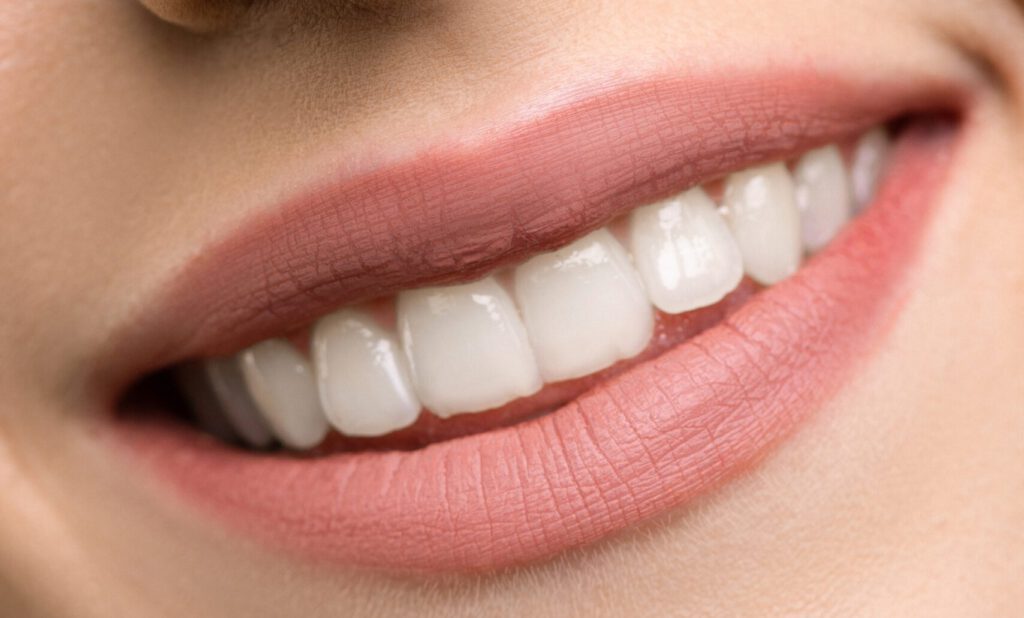 Eine Frau zeigt Ihre schönen Zähne, umrandet von ihrem natürlichen Lippenrot.